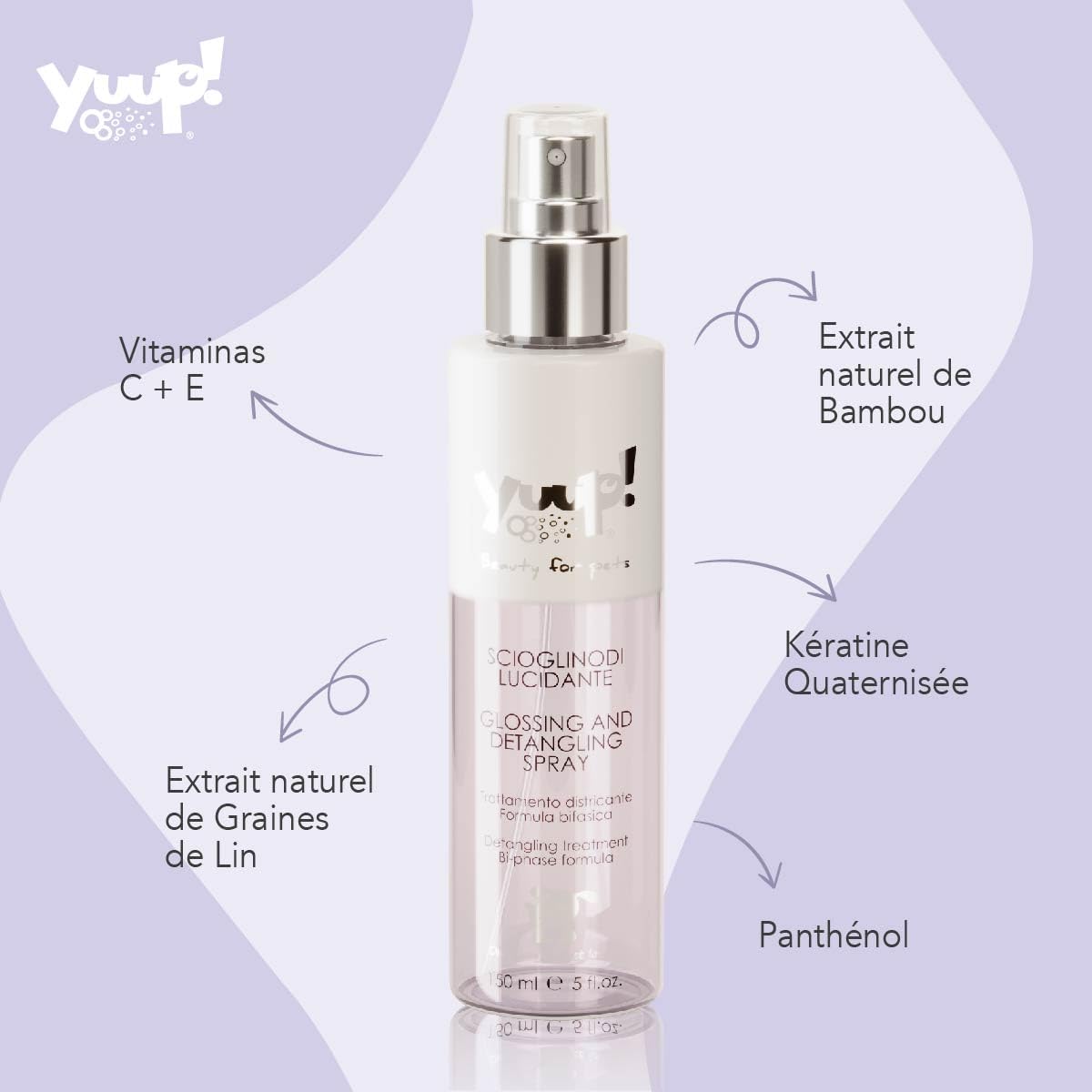 YUUP! - Spray Demelant Chien et Chat, 150 ML, Soin Biphasé démêlant et lustrant pour Pelage de Chiens et Chat, Bambou & Graines de Lin