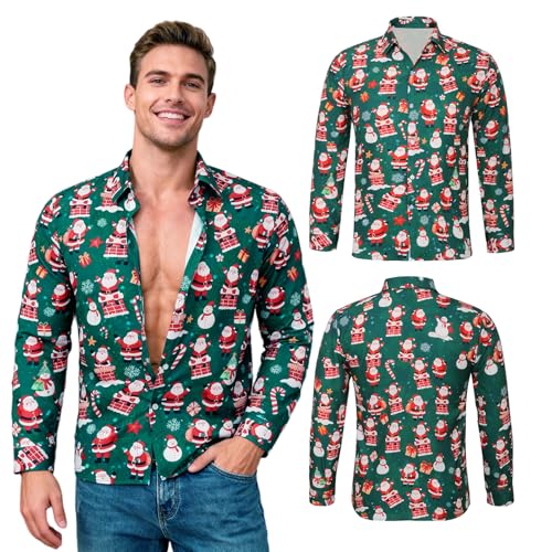 Mens Christmas Shirt 3D Printed Santa Claus Shirts Funny Long Sleeve Button Down Ugly Xmas Shirt Snowman Elf Reindeer Hawaiian Costume Festive Holiday Party (UK, Alpha, L, Regular, Regular, Green)