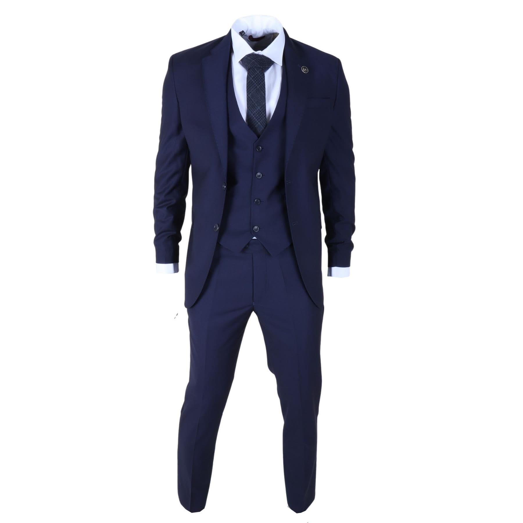 Truclothing Men's Navy 3 Piece Suit Plain Tailored Fit Wedding Prom Formal Stitch Lapel - 38