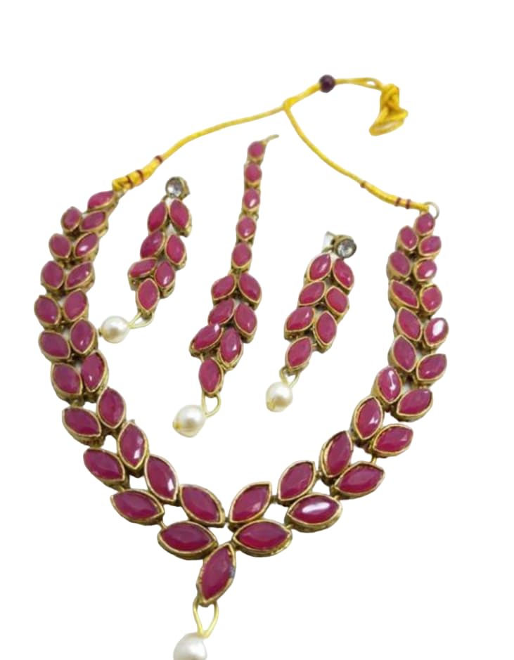 Rajasthan Fashion Jewellers Matte-Gold Plated Crystal Stone Necklace Set Colour Pink