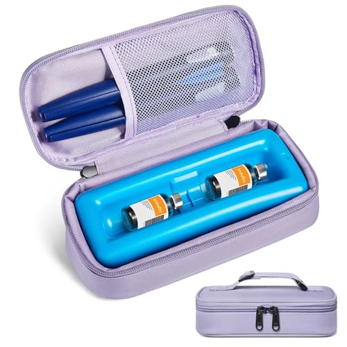 WOODAKE Insulin Vial Cooler Travel Case TSA Approved 300g Reusable Ice Brick Insulin Pen Case Holds 2 Pens and 2 Vials Long Lasting Medicine Cooler for Travel Camping and Outdoor Activities (Purple)