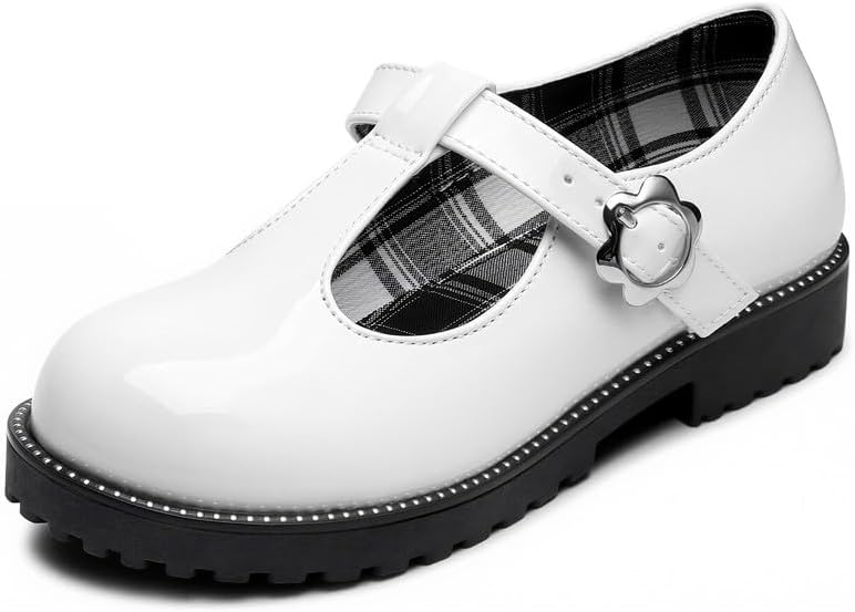 HOMEHOT Girls Mary Jane Dress Shoes with Metal Buckle Strap, Plaid Lining School Party Shoes