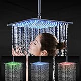 JunSheng Alcachofa de ducha LED de 16 pulgadas, cabezal de ducha cuadrado negro mate, boquillas de silicona fáciles de limpiar, grifo fijo para ducha