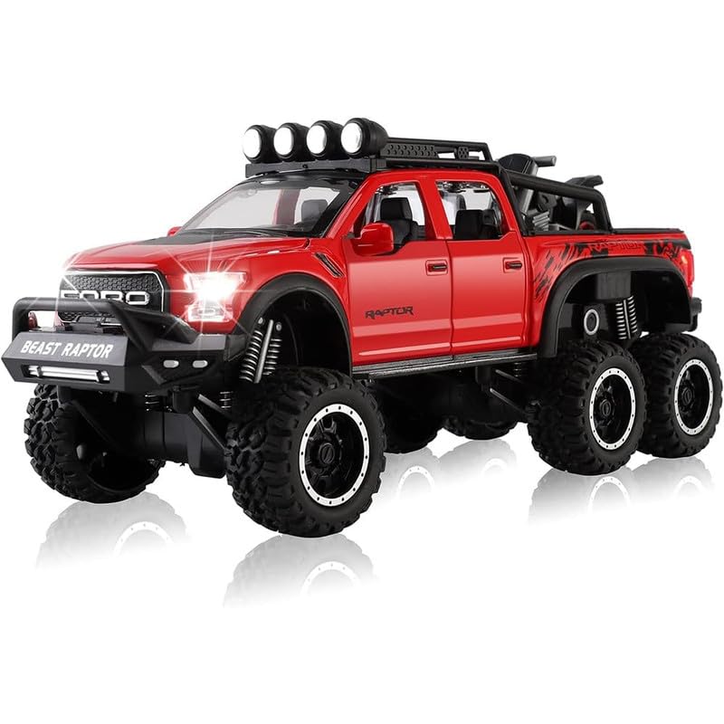 Image of New 1:24 Raptor F150 Diecast Alloy Metal Pull Back Car with Openable Doors Music Sound and Light Vehicle Toy Car for Kids Boys (Red)