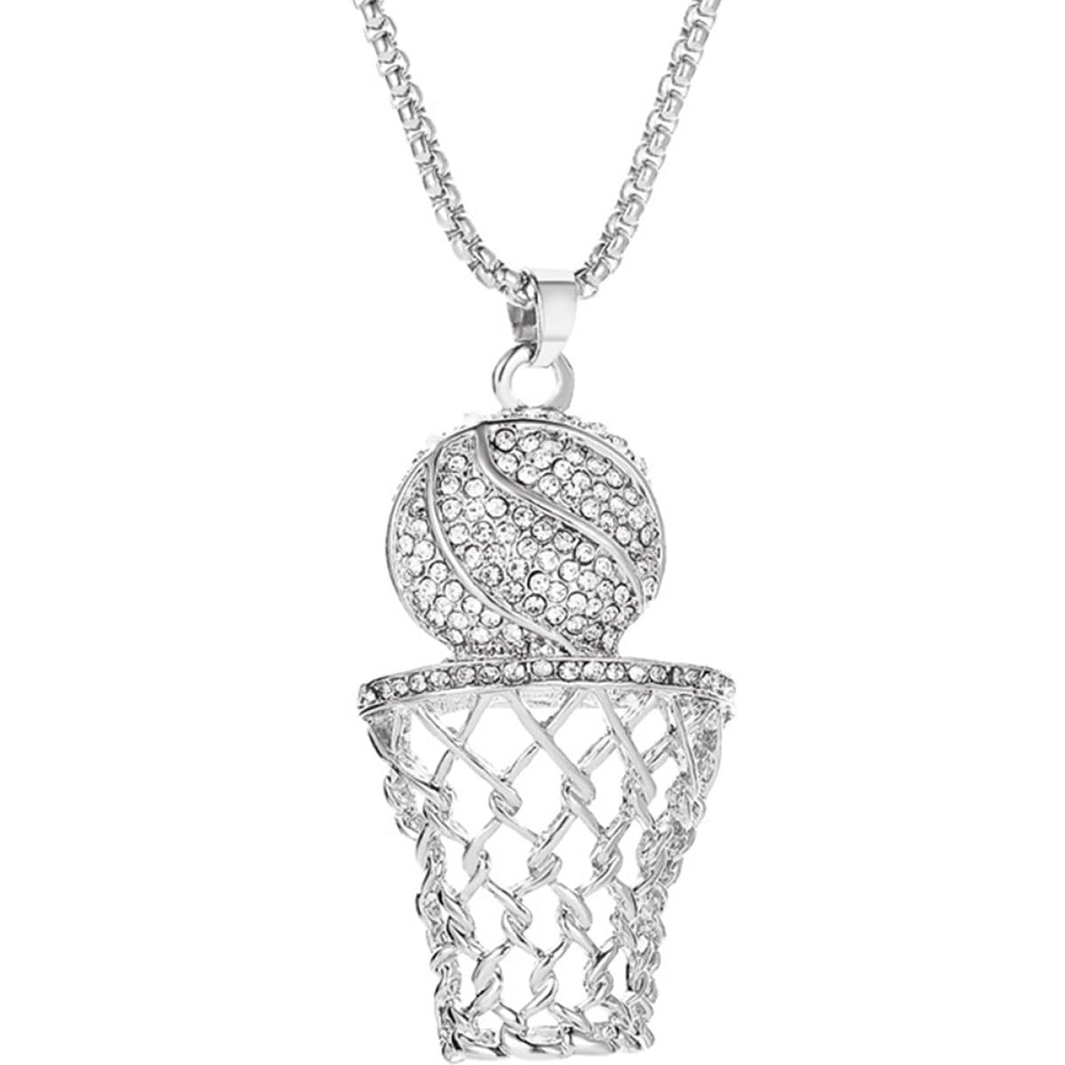 Basketball Pendant Necklace for Men Boys Hip Hop Sports Chain Necklace Rhinestone Basketball Rim Charm Accessory