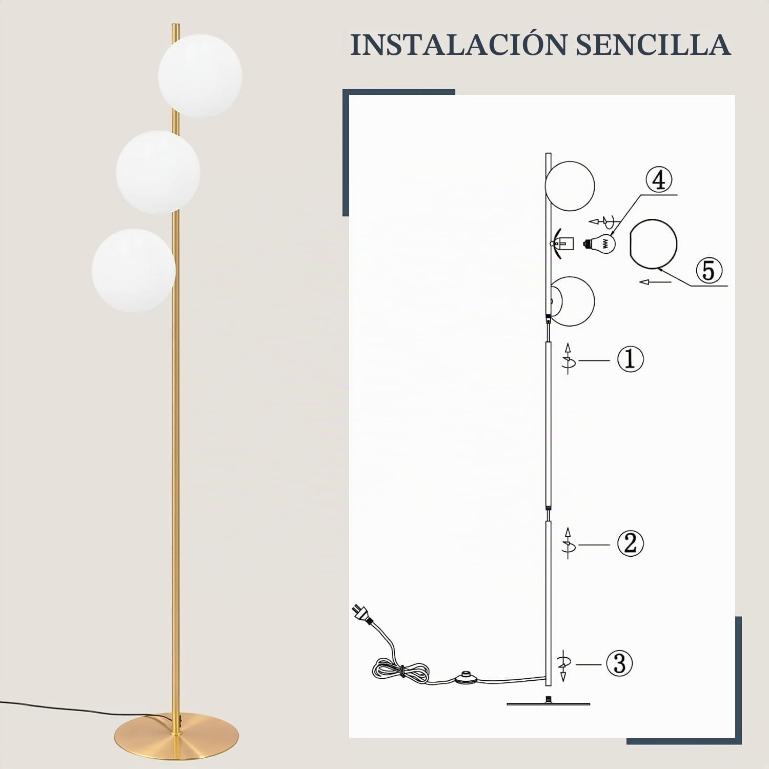 ZMH Lámpara de pie moderna dorada con 3 luces de cristal E27 | Estructura metálica con interruptor de pie para salón dormitorio u oficina bombillas no incluidas