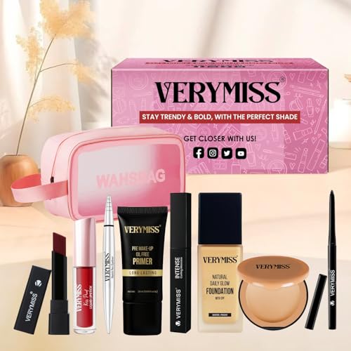 Verymiss Ultimate Makeup Combo I Pack of 8 I Vegan I Smooth Application I Waterproof I Primer + Foundation + Compact Powder + Kajal + Eyeliner + Lipstick + Mascara