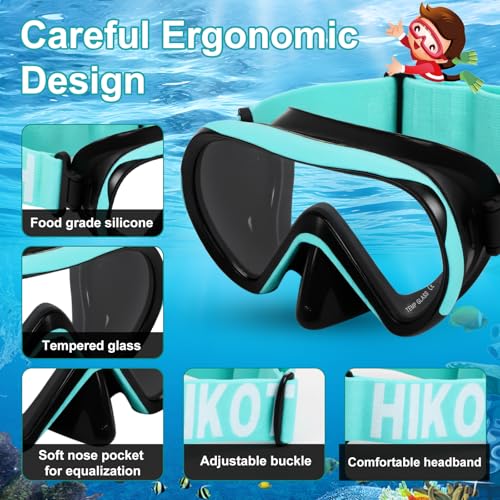 Máscaras de buceo para niños, goggles con cobertura nasal, correa elástica, vidrio templado, vista clara de 180°, máscara de snorkel antivaho para edades 6-16 miniatura 3