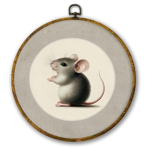 Mcehtle Retro Rat Wall Art Decor, Vintage Cottagecore Mouse Framed Canvas Prints 10x10, Housewarming Gift, Rat Gifts for Lovers Round Wall Hanging Artwork Decorations for Bedroom Living Room Home