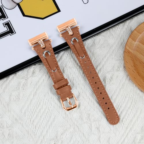 Leather Straps Compatible with Fitbit Versa 4/Versa 3 Strap for Women Genuine Leather Wristband Metal Bling Rhinestone Replacement Watch Band Strap Bracelet for Sense 2/Sense (Brown/Rose Gold) - Image 3