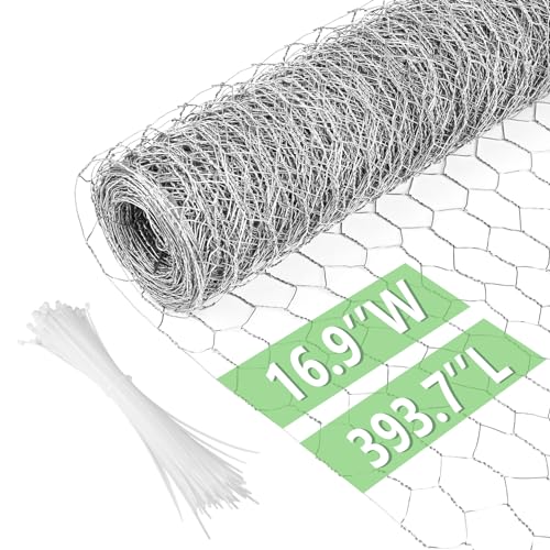 Image of Chicken Wire 16.9 in x 393.7 in Poultry Wire Netting Hexagonal Galvanized Mesh Garden Fence Barrier for Pet Rabbit Chicken Fencing with 100 Pcs Cable Zip Ties