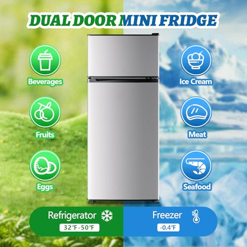 DEMULELR 4.5Cu.ft Refrigerator with Freezer Two Door Fridge with Removable Glass Shelves, Crisper Drawer & Extra Drink Space, LED Light, Apartment Size Fridge for Dorm Silver - Image 4