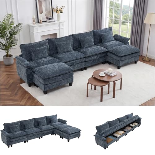 Image of IPKIG 151 inch Modular Cloud Couch with Storage, U Shaped Sectional Sofa with Ottoman & Pillow, Chenille Deep Seat Sectional Couches for Living Room, Apartment, Blue