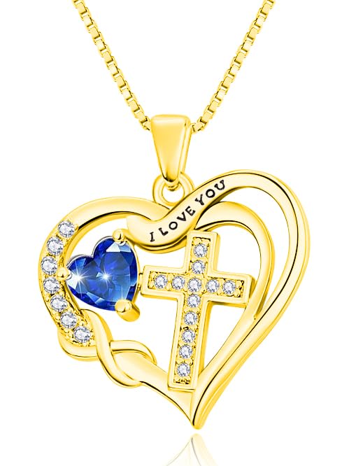 Birthstone Infinity Cross Necklace for Women, Heart Cross 14K Gold /18K White Gold/Rose Gold Womens Pendant Necklace I Love You Jewelry Anniversary Birthday Christmas Gifts for Her Mom Wife