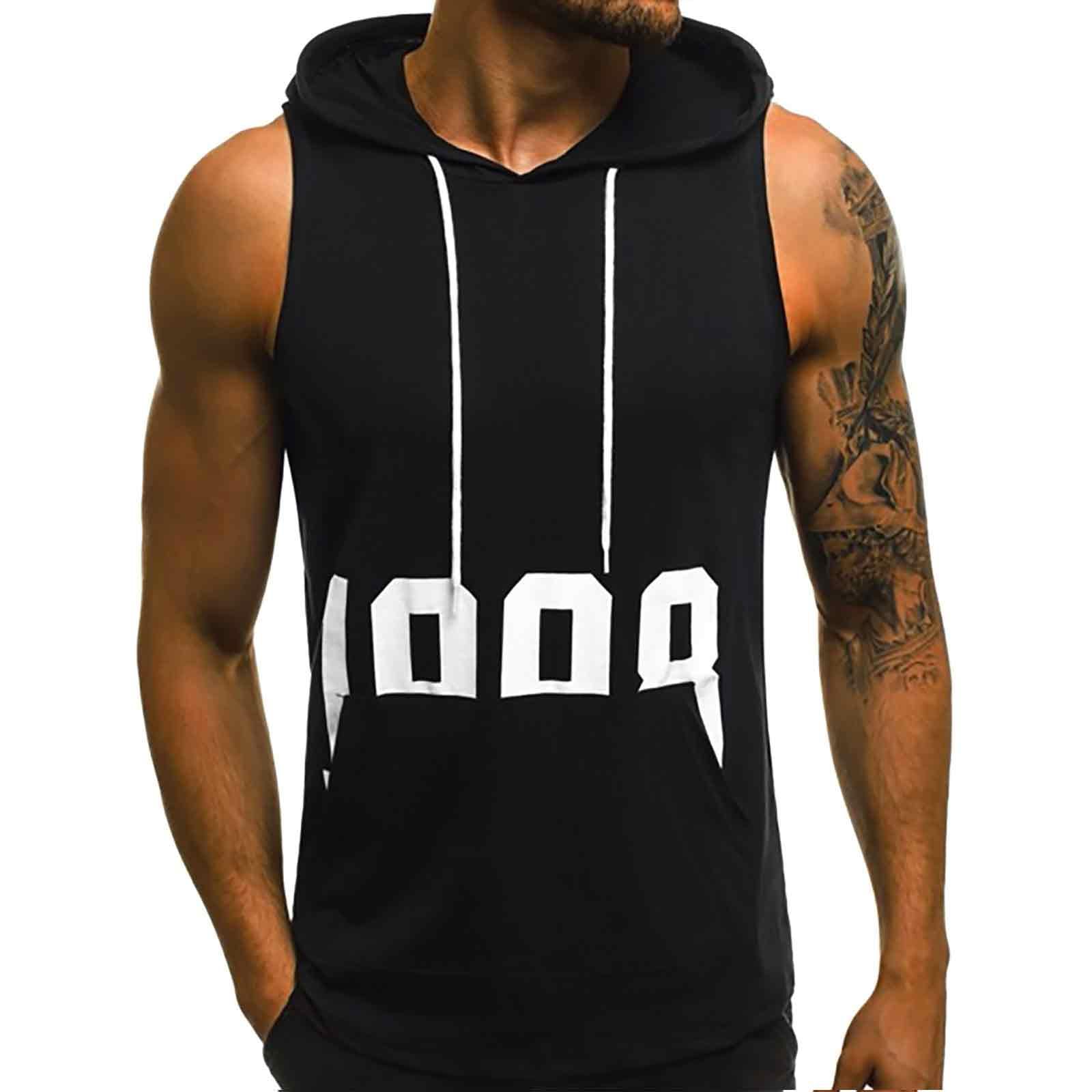Camiseta sin Mangas Hombre con Capucha Estampado de Letras para Gimnasio Fitness Running Casual Top con Cordón y Bolsillo para Deportes y Uso Diario