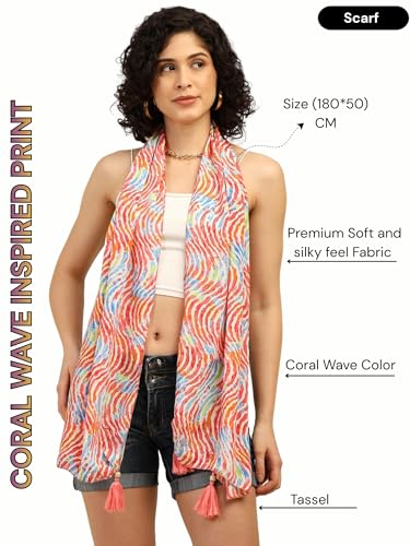 Image of KE KANHA EXPORTS Scarf for Women Boho | Border Print Stylish | Stole for Women Breathable Summer Beach Wrap with Tassels | Multicolour |180 x 50 cm FREE Scrunchie Included