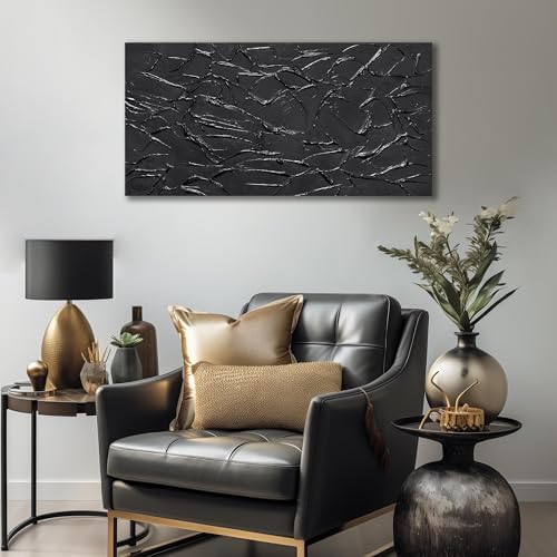 SKYRISE Large Hand Painting 3D Canvas Wall Art for Living Room, Neutral Abstract Black Texture Minimalismt Painting Picture Print Artwork Wall-Decor for Bedroom Office, Size 40x20 inches