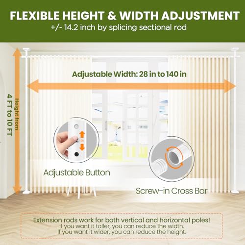 Image of SUNALLY Room Divider Curtain Rod, No Drilling 4-10ft(H) 28-140inch(W) Adjustable Privacy Wall Divider for Room Separation, Heavy Duty Temporary Partition Space Separator Tension Rods, White