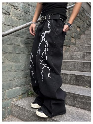 Men's Gothic Baggy Jeans Y2k Graphic Hip Pop Wide Leg Denim Pants with Pockets Goth Streetwear4