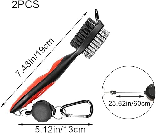 Miniatura 2 de Paquete de 2 cepillos para palos de golf, limpiadores de palos de golf, cepillos de doble cerdas con cremallera retráctil y mosquetón para limpiar