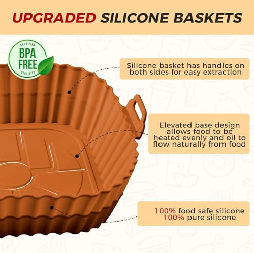 Image of Air Fryer Liners Pack of 3 - Square 8 Inch Silicone Air Fryer Liner, Reusable Baking Tray, Food Grade BPA Free, Heat Resistant 240C, Nonstick Pot with Handles, Fits 4-7 QT-Multicolor