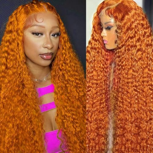 Image of Nsvnsv Ginger Wig Human Hair 13x4 deep wave Ginger Orange Lace Front Wigs Human Hair HD Transparent Lace Frontal 350 Colored Human Wig Pre Plucked 180% Density 24inch