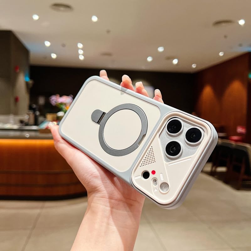 Image of LuxuryKase Magnetic Shockproof Case for iPhone 17 Pro | Foldable 110 Metal Ring Kickstand | Matte Finish | Futuristic Camera Shield Design | Slim Profile & MagSafe Compatible - Grey