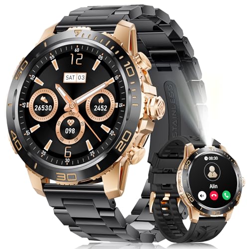 LIGE Orologio da uomo, con chiamata Bluetooth, schermo AMOLED da 1,43' Smartwatch con torcia IP68 impermeabile, frequenza cardiaca/sonno, 100+ modalità sportive fitness per Android iOS, nero-ambra
