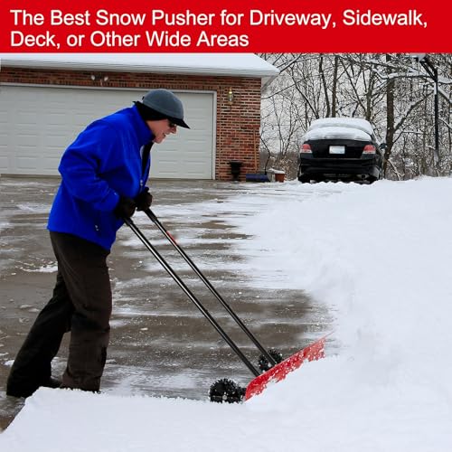 38 Inch Snow Shovel for Driveway, Brewin SnowPro Bi-Direction Heavy Duty Snow Pusher with Wheels and Angled Blade for Efficient Snow Removal, Back Saver Snow Plow for Doorway Sidewalk