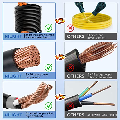 Image of Nilight 30 Amp 100FT RV Extension Cord 125V Heavy Duty 10 Gauge Pure Copper STW Wire UL ETL Listed 3 Prong TT-30P TT-30R 30F /30M Weatherproof Suit for Camper Caravan Trailer