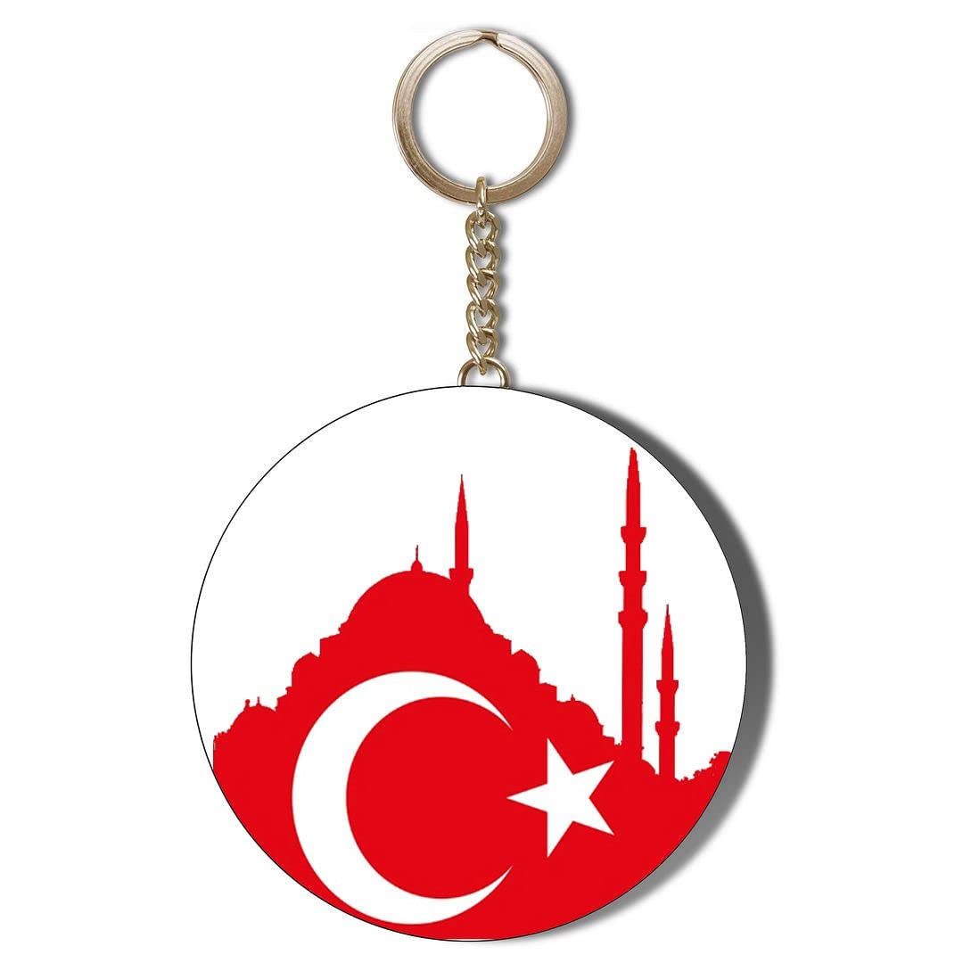 Gift Insanity White Turkey Flag Mosque Shaped 58Mm Long Chain Keyring