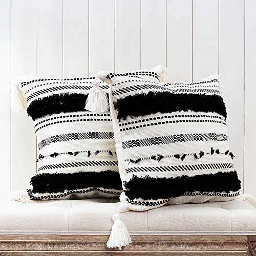 blue page Morocco Boho Decorative Stripes Pillow Covers 18X18 - Set of 2 Tufted Pillow Cases, Farmhouse Cushion Case, Square Pillowcase for Couch Bedroom Office Car, Black Off White