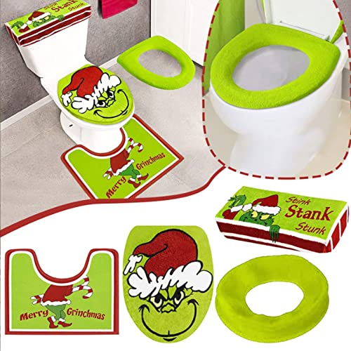 PEVSCO Set mit 4 Weihnachts-Grinch-Badezimmer-Dekor, WC-Sitzbezug und WC-Deckelbezug, Badematten und U-förmiger WC… – Bild 3