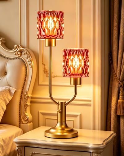 Image of Lightdot Mid Century Modern Table LampVintage Lamp Red Glass Gift Dimmable | Nightstand Lamp Gold Desk Lamp 2 Bulbs Included Warmwhite Ambient Bedside Lamps for Living Room Bedroom Girls Room Home Decor