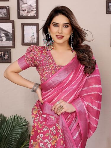 Image of Women's Zari Border Cotton Linen Printed Saree with Blouse