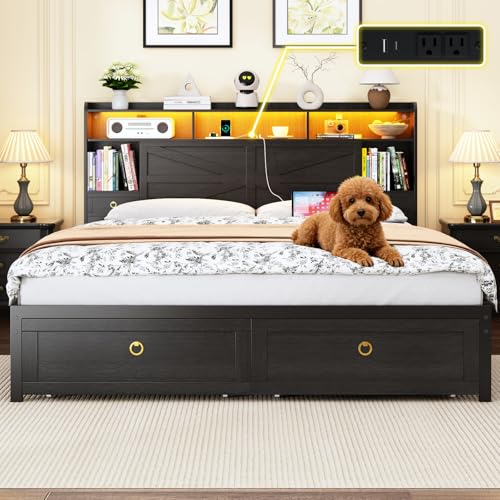 Image of Etditrnp King Bed Frame with Storage Headboard, Farmhouse Platform Bed Frame with Bookshelf, Drawers, LED Lights and Charging Station, Metal Slats Support, Noise Free, No Box Spring Needed, Black