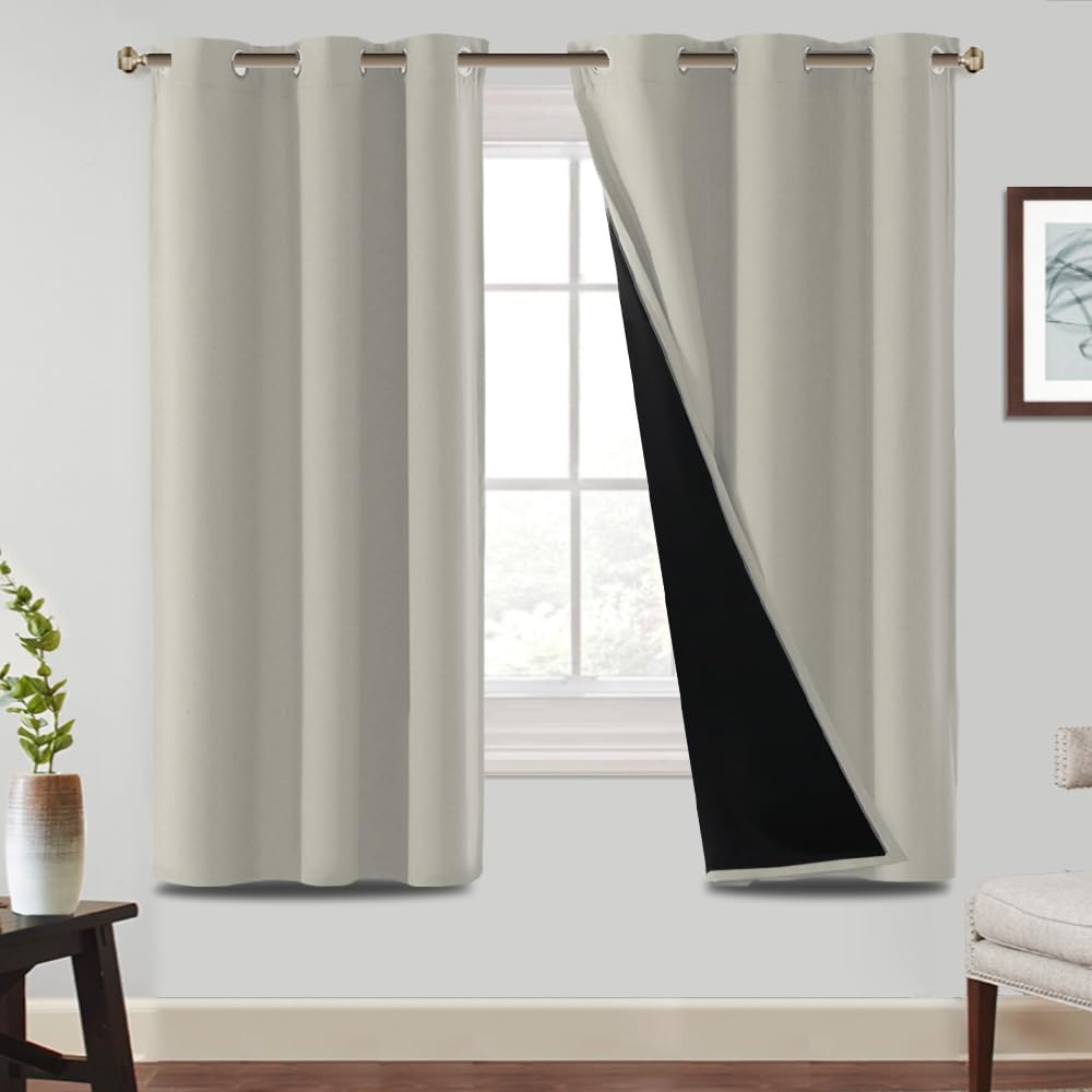 BellaHills 100% Blackout Curtains Eyelet Thermal Insulated Curtains for Living Room Heat and Full Light Blocking Window Treatments with Black Liner 2 Panels, 46 x 72 Inch, Pumice Stone — image 1