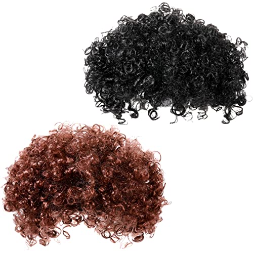Canlierr 2 Pcs Afro Wig Short Curly Rocker Party Afro Wig 70s 80s Synthetic Fluffy Cosplay Fancy Funny Wigs for Men Women (Black Brown)