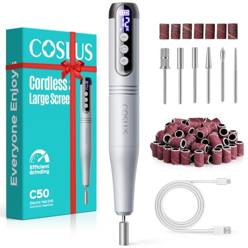 COSLUS C50 Portable Cordless Nail Drill, 12 Speeds &amp; LED Display, Grey