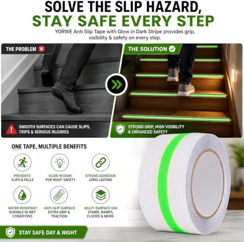 Image of YORWE Anti Slip Stair Tape with Glow in the Dark Strip - Heavy Duty Waterproof Non Slip Traction Tape for Stairs, Steps, Outdoor & Indoor Safety (White and Green, 15 Meter)