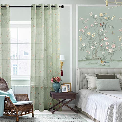 Image of XTMYI Cottage Core Curtains for Kitchen, Nature Cottagecore French Country Farmhouse Green Vintage Bird Floral Sheer Panel for Bedroom Living Room Furniture Bathroom Decor, 63 Inch Length 2 Panels