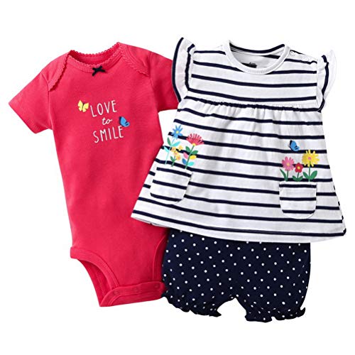 Odziezet Completini e Coordinati Estivi da Neonata di Cotone Magliette a Manica Corta a Fiore + Pantaloncini + Pagliaccetti 3 Pezzi 0-24 Mesi