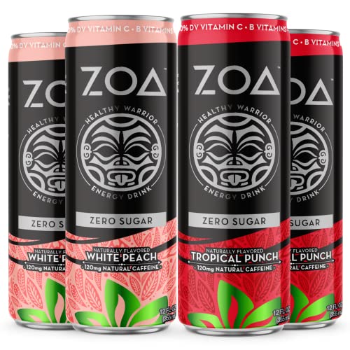 ZOA Sugar-Free Energy Drink Bundle 12 Fl Oz, Healthy Vitamin C, B6 & B12, Natural Caffeine, Tropical Punch, White Peach (Pack of 24)