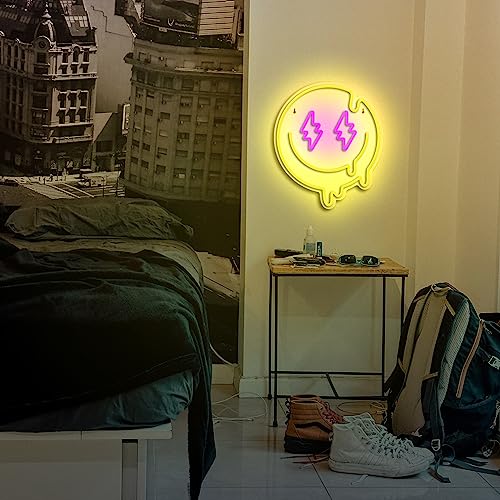 Image of Melting Smile Face Neon Sign Dimmable Melted Smiling Face Neon Signs for Wall Decor Neon Smile Light Signs for Kids Room Party Bedroom Wall Art Decor USB Powered Holiday Gift