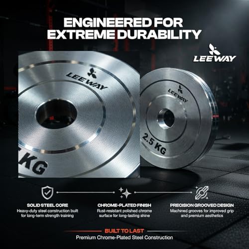 Image of Leeway Calibrated Steel Weight Plates (7.5kg x 2) | 51mm Olympic Barbell Plates for Home Gym & Powerlifting | Solid Steel Construction | Gym Weights for Strength Training & Workouts (Chrome, 7.5kg)