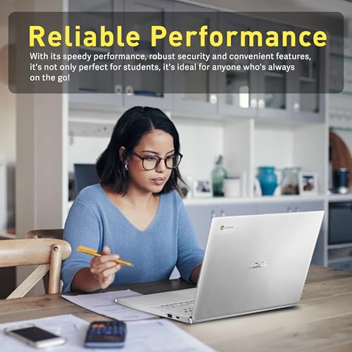 Image of ASUS Chromebook 14 inch HD Laptop, Intel Celeron N3350 Processor, 4GB RAM, 32GB eMMC Flash Memory, Intel HD Graphics, HD Webcam, Stereo Speakers, Chrome OS, Silver (Renewed)