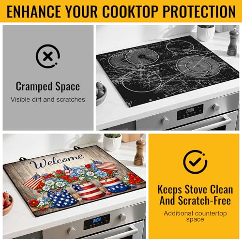 Image of Stove Top Covers for Electric Stove, Glass Stove Top Cover 28.5x20.5 in | Heat Resistant, Non-slip, Use on Electric or Ceramic Stove Protector, Dish Drying Mat, Country Floral and Flag Kitchen Decor