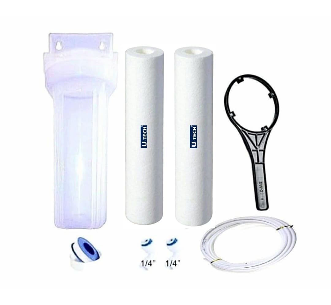 U-TECH® Transparent Pre -Filter Housing Heavy Duty with 2 Nos. Spun Filters Key Pipe & Fittings Compatible with All Branded/Non Branded RO/UV UF Water Purifiers