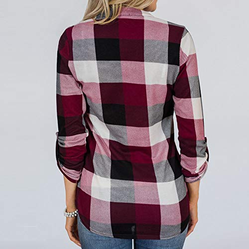 Women Long Sleeve Flannel Plaid T Shirts Pullover Sweatshirts Sexy V Neck Tops Casual Boyfriend Tunic Blouses Hoodies D-red