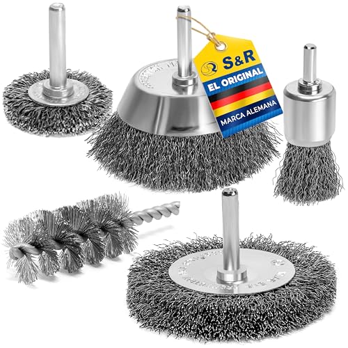 S&R Juego 5 Cepillos de Alambre para Taladro - Cepillos Metálicos en Acero Decapante Madera y Metal.- Profesionales para Pulir y Lijar